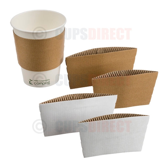 Group image of white and kraft clutch sleeves for large single wall cups