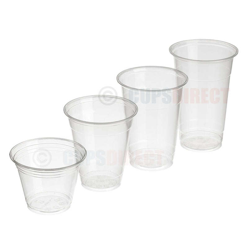 Load image into Gallery viewer, Group image of compostable PLA smoothie cups in multiple sizes

