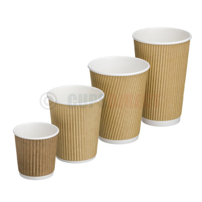 Natural kraft ripple textured hot coffee cups in assorted sizes