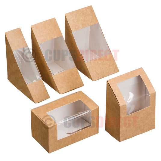 Kraft sandwich wedge, wrap and bloomer box range group image showing multiple formats