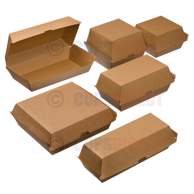 Load image into Gallery viewer, Set of microflute kraft takeaway boxes in assorted sizes for burgers, snacks and meals
