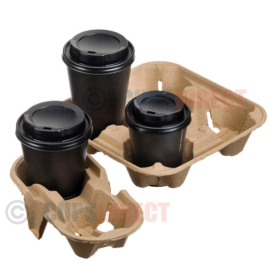Paper cups trays with black cups showcased in them