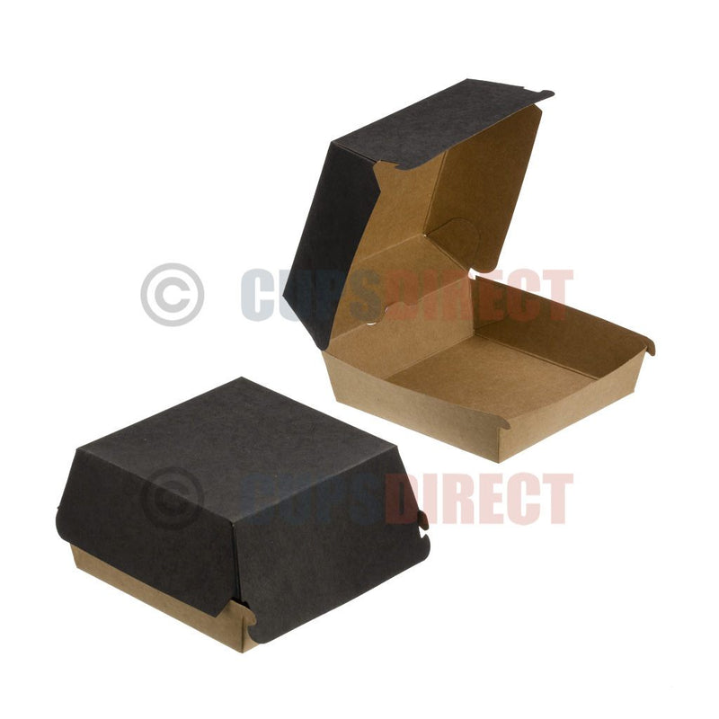 Load image into Gallery viewer, Black kraft Ranch Burger meal box model 1, compostable and sturdy takeaway packaging
