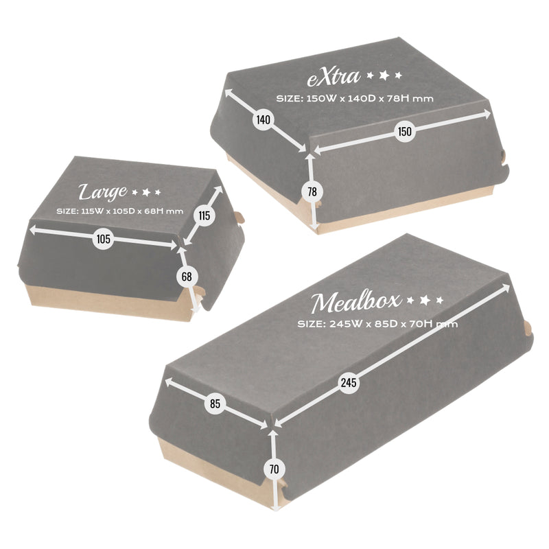 Load image into Gallery viewer, Black kraft Ranch Burger meal box with dimensions shown, eco-friendly and sturdy packaging
