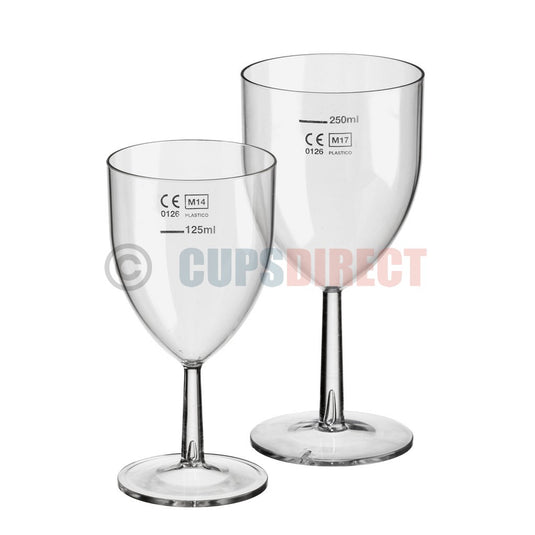 Group image of reusable plastic wine glasses in multiple sizes