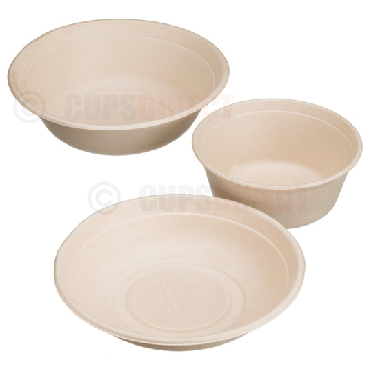 Group image of Sabert BePulp curry bowls in multiple sizes