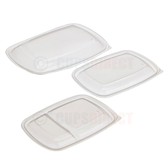 Clear rectangular PP flat lid for Sabert Fastpac containers, microwave-safe