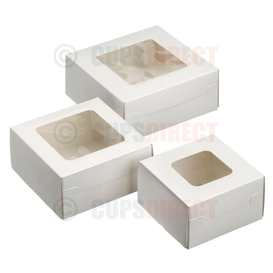 Group image of white windowed cake boxes for desserts and cakes