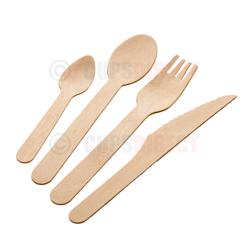 Load image into Gallery viewer, Set of disposable wooden cutlery including knife, fork and spoon in natural wood finish
